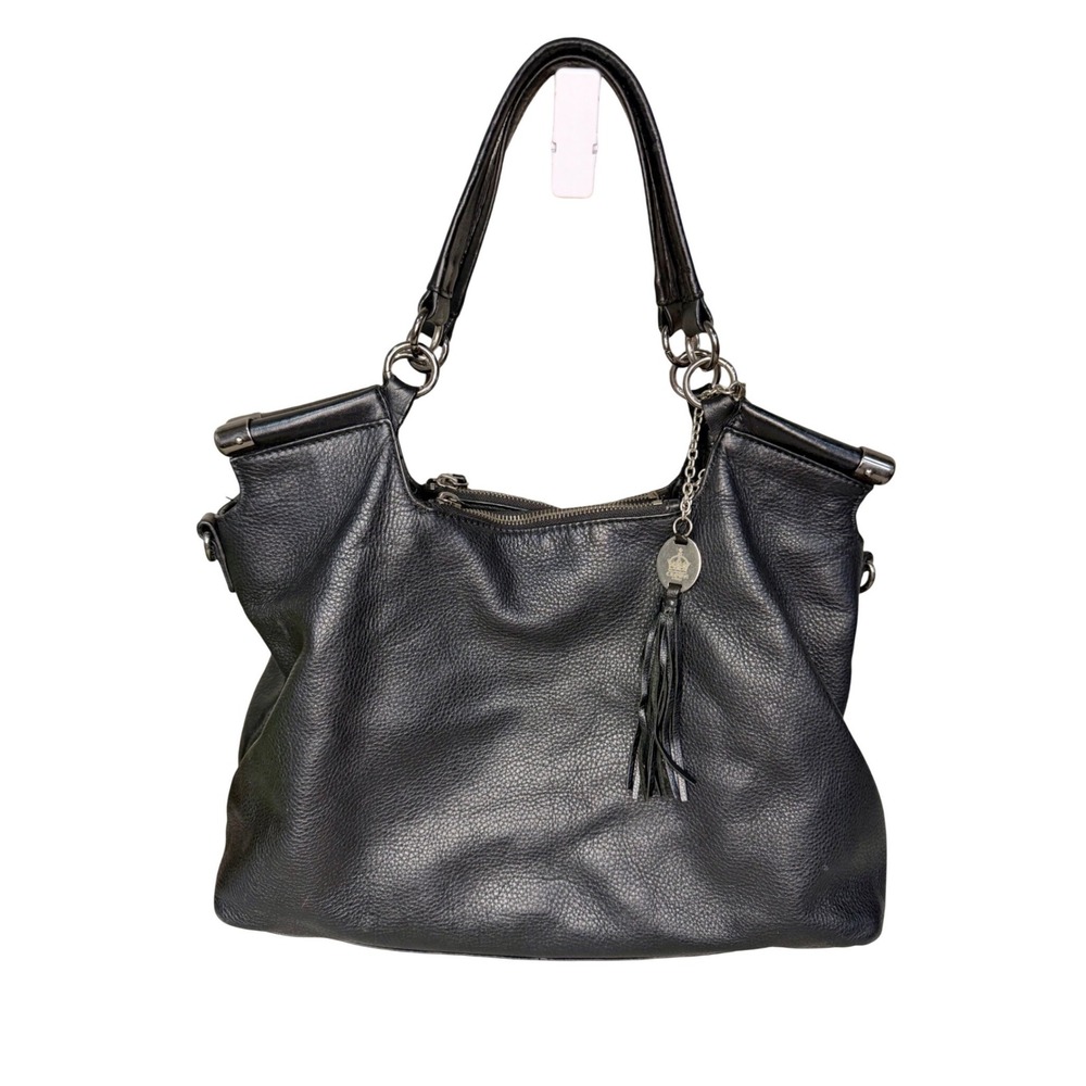 Crown Vintage Black Pebbled Buttery Soft Leather Hobo Shoulder Bag Tassel charm